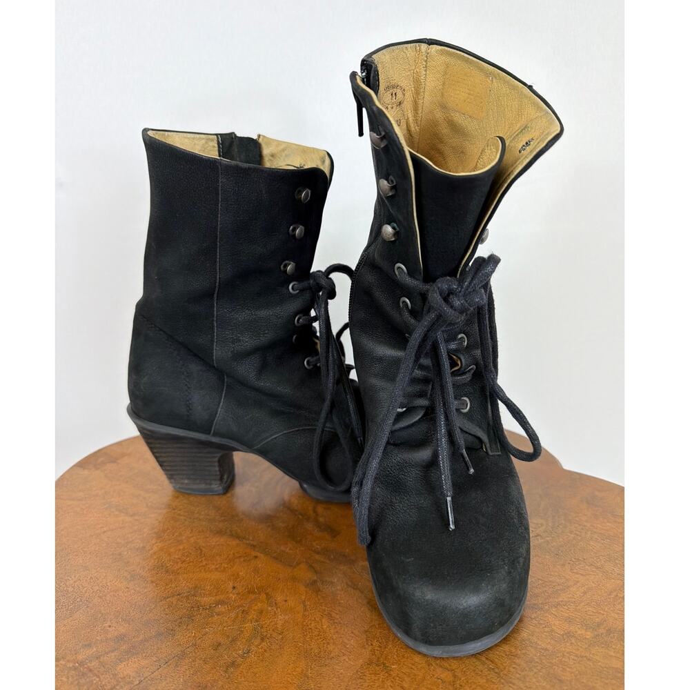 John Fluevog Black Suede Lace-Up Side-Zip Boots 11
